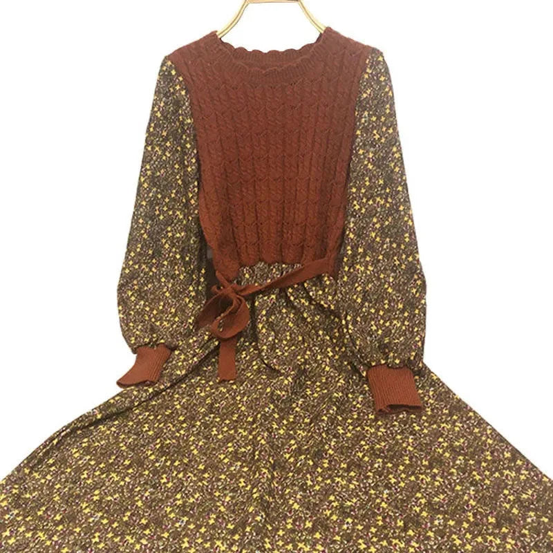maoxiangshop Corduroy Floral Women Dresses Vintage Knitted Patchwork Vestidos De Mujer Sweet Korean Long Dress A-line