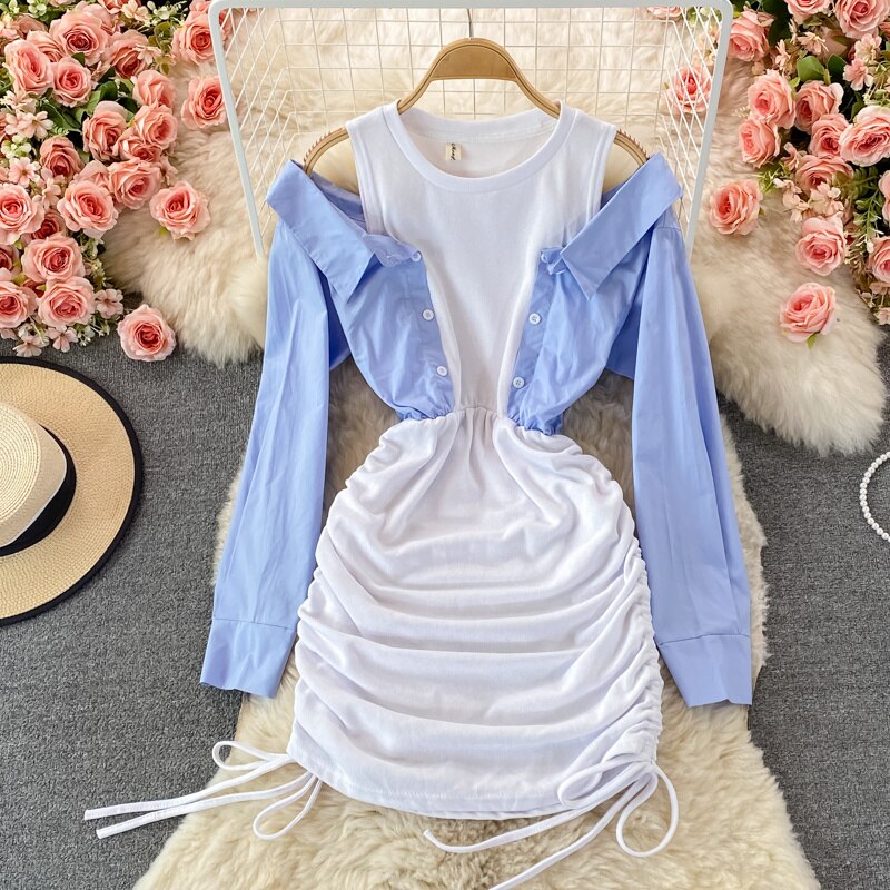 maoxiangshop Off Shoulder Shirt Patchwork Bodycon Mini Dress Women Fashion Streetwear O-neck Long Sleeve Slim Drawstring Ruched Party Dresses