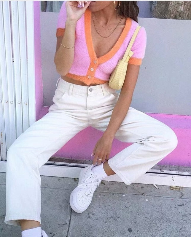 maoxiangshopSummer Knitted Short Sleeve T-shirt Button Up V-neck Crop Top Fashion Clothing Women Streetwear Contrast Color Tops Tee
