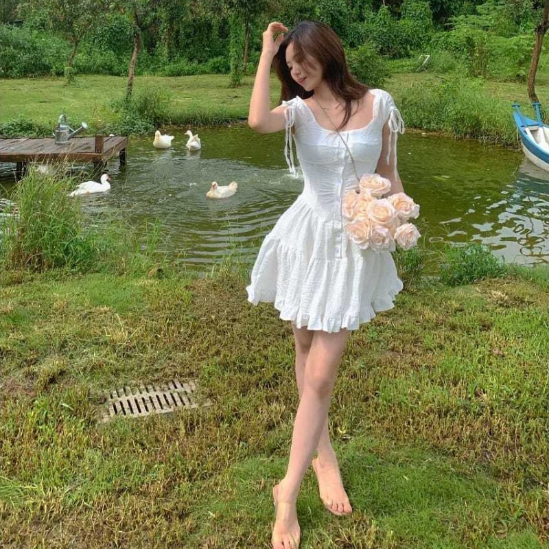 maoxiangshop Japanese Kawaii Princess Dress Women Pink Fairy Ruffles Party Mini Dress Female Summer Korean Puff Sleeve Slim Sweet Dress