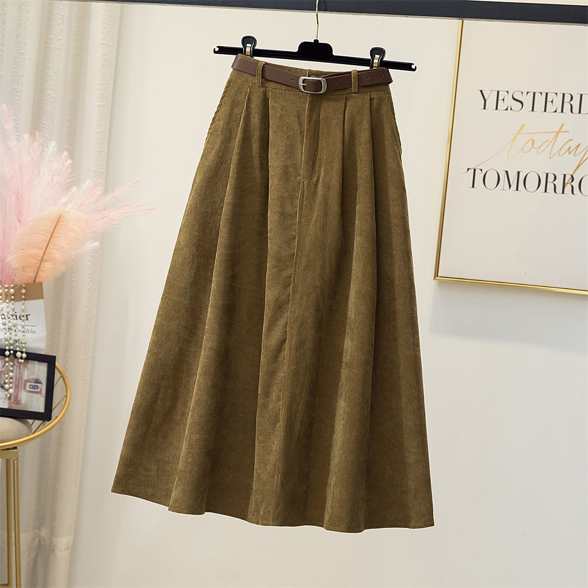 maoxiangshop Long Skirts Women Corduroy Classy Tender Retro Autumn College Ladies Cozy Ins Prevalent Basic Leisure All-match Feminino Newest
