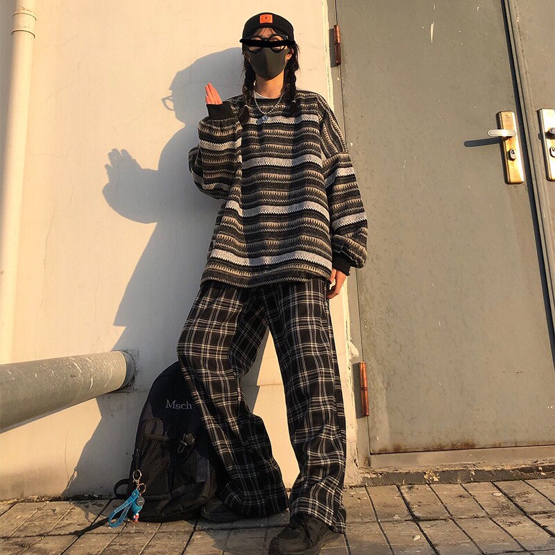 Vintage Stripe Sweaters Women Casual Pullover Winter Knitted Sweater With Pocket O Neck Loose Jumper Female Hip Hop Sueter Mujer