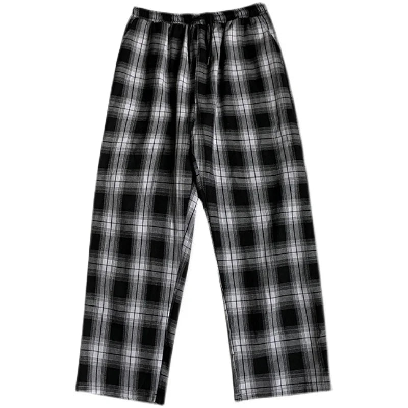 maoxiangshop Men Casual Pants Plaid Ankle Length Loose Wide Leg All-match Elastic Waist Fashion Trousers Streetwear Harajuku Korean Retro Ins