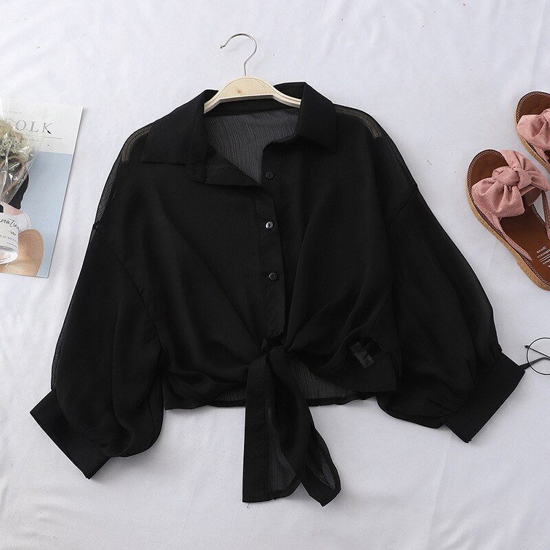 maoxiangshop Chiffon Shirts Women Summer Half Sleeve Buttoned Up Shirt Loose Casual Blouse Tied Waist Elegant Blouses For Women