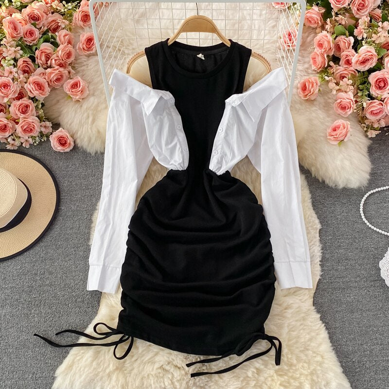 maoxiangshop Off Shoulder Shirt Patchwork Bodycon Mini Dress Women Fashion Streetwear O-neck Long Sleeve Slim Drawstring Ruched Party Dresses