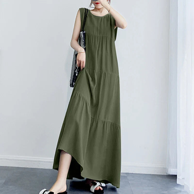 maoxiangshop Stylish Women's Ruffle Sundress Solid Summer Dress Casual Sleeveless Maxi Vestidos Female O neck Robe Oversized