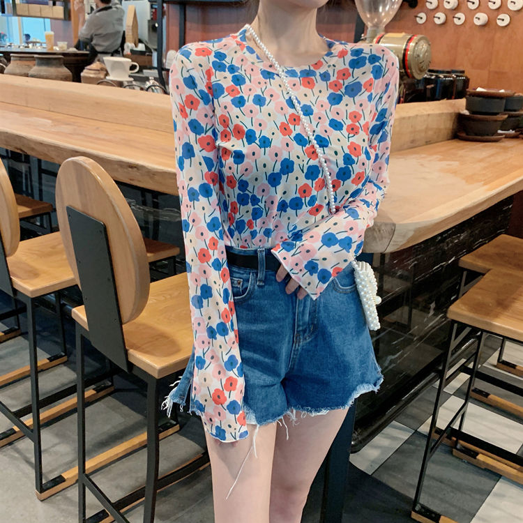 maoxiangshop Angel Print Sheer Blue Black Mesh Long Sleeve Blouse Shirts Women Spring Summer Pullovers Elegant Sexy See Through Tops