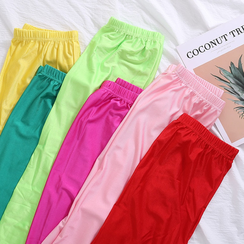 maoxiangshop Women Shiny Gym Pants Fitness Leggings Candy Color Ankle Length Trousers Solid Fluorescent Spandex Elastic New Bottom