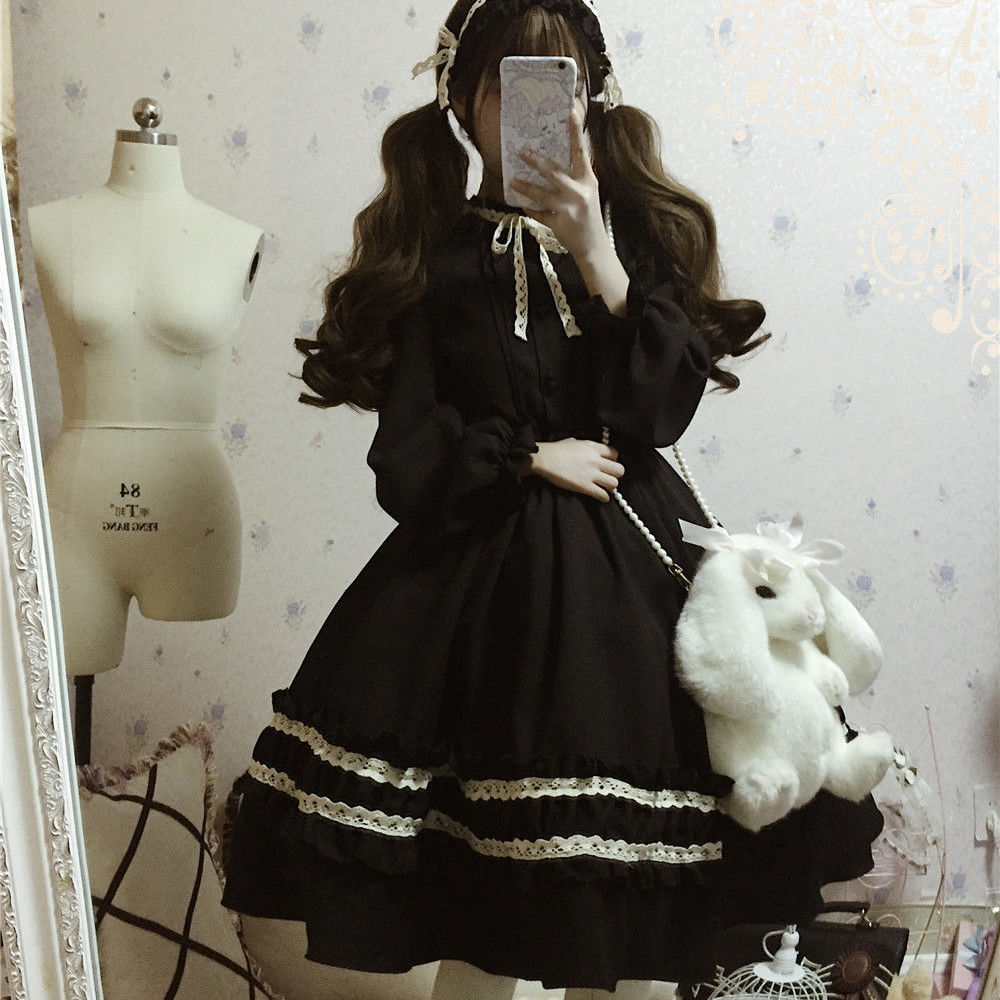 maoxiangshop In Wondeland Cute Women's Lolita OP Dress Flouncing Lace Trim Japanese Harajuku Long Sleeves Doll Dress Fairy Vestidos
