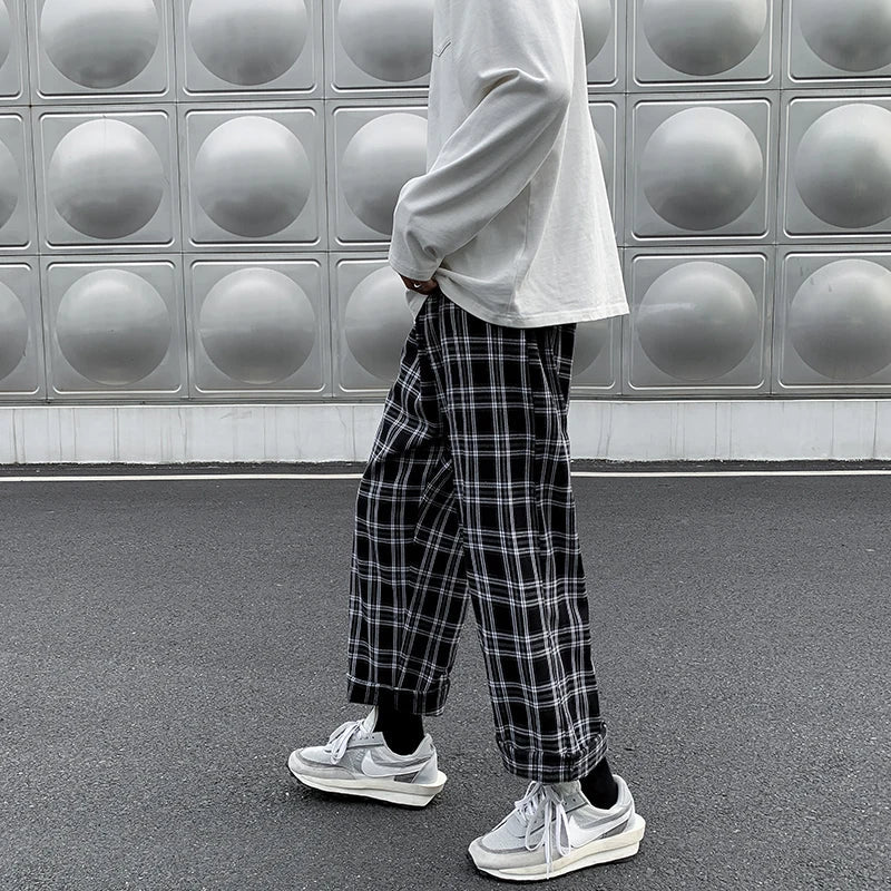 maoxiangshop Men Casual Pants Plaid Ankle Length Loose Wide Leg All-match Elastic Waist Fashion Trousers Streetwear Harajuku Korean Retro Ins