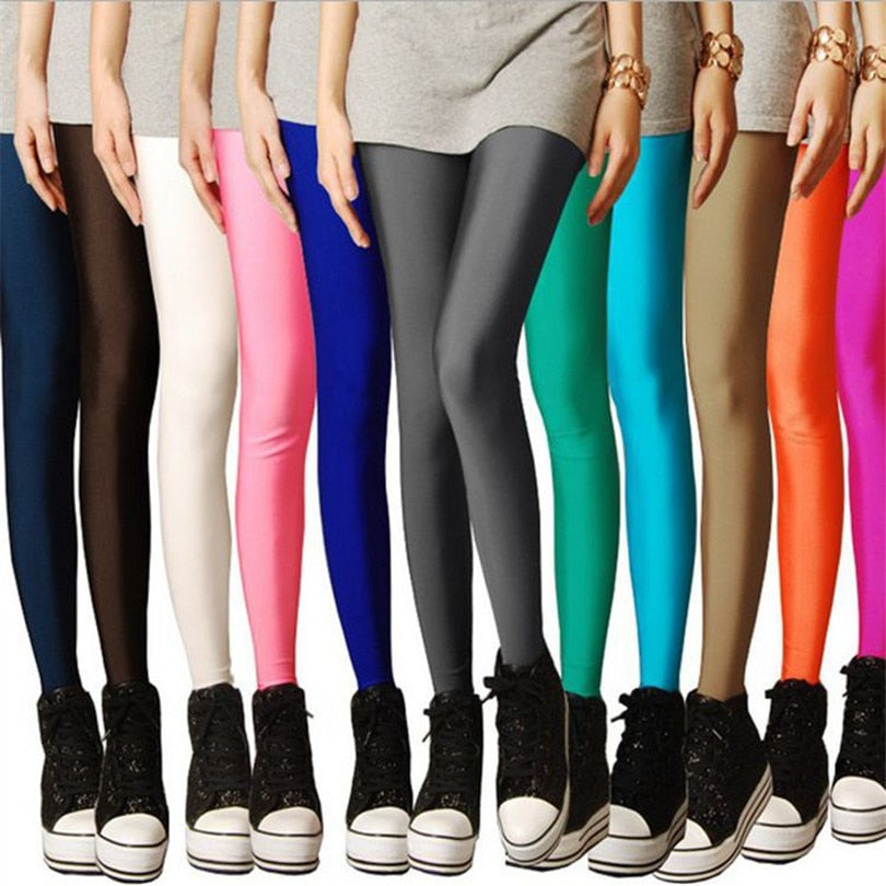 maoxiangshop Women Shiny Gym Pants Fitness Leggings Candy Color Ankle Length Trousers Solid Fluorescent Spandex Elastic New Bottom