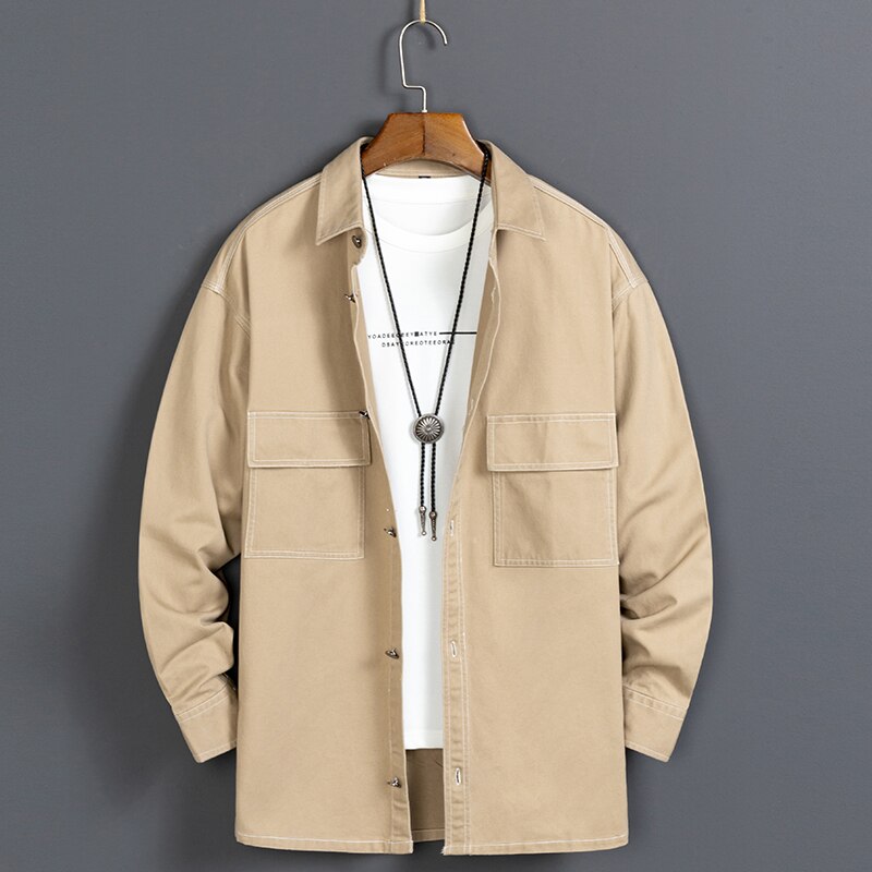 New Fashon Denim Mens Shirt Pure Cotton Long-sleeved Shirt Loose Two Pockets Youth Campus Outdoor Large Size Male Korean Clothes