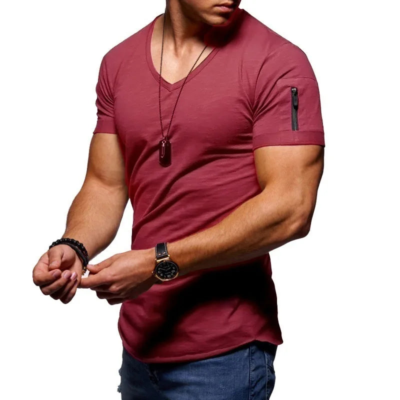 maoxiangshop New Summer Men's V Neck T Shirt Fitness Bodybuilding Tshirt High Street Short Sleeved Zipper Casual Cotton Top Plus Size S-5XL