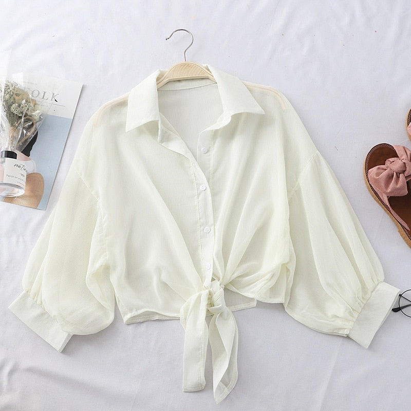 maoxiangshop Chiffon Shirts Women Summer Half Sleeve Buttoned Up Shirt Loose Casual Blouse Tied Waist Elegant Blouses For Women