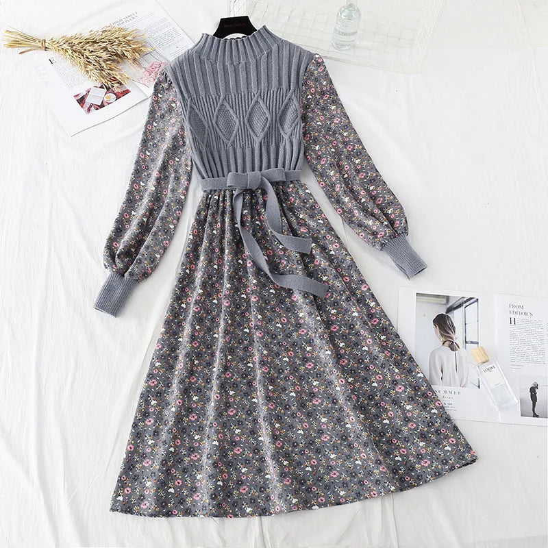 maoxiangshop Autumn Sweater Dresses for Women Winter Splicing Pullover Bow Belt Slim Knitting Sweet Corduroy Floral Print Midi Dress Vestidos