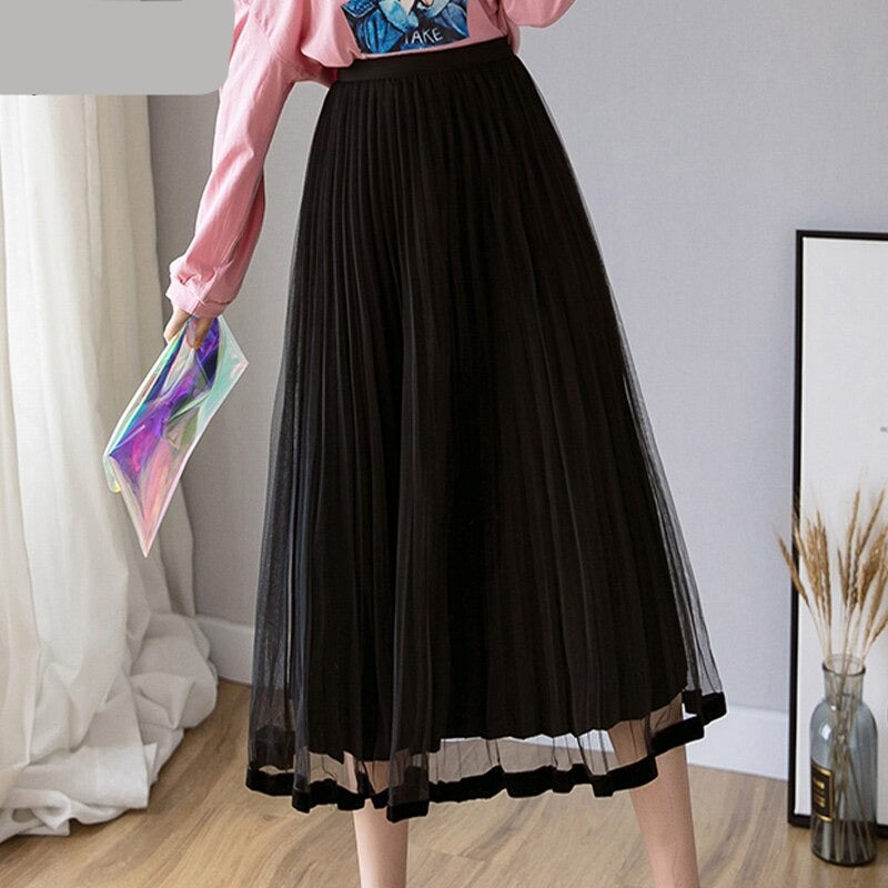 maoxiangshop Mesh Skirt Autumn Winter Velvet Solid Color Elastic Waist Slim Pleated Skirts Womens Chic High Waist Women Skir