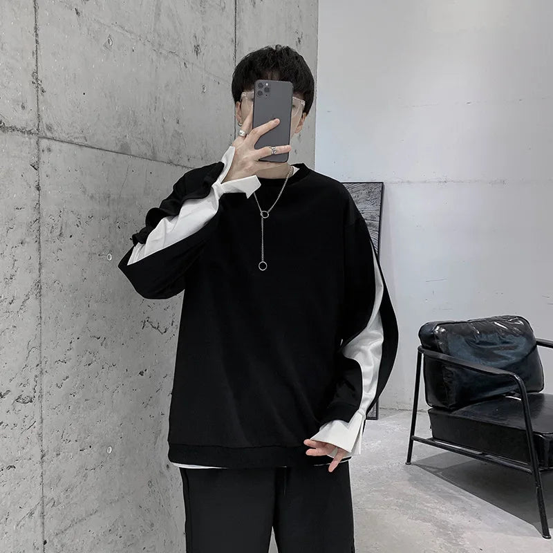 maoxiangshop Autumn Winter Long Sleeve Men T Shirts Clothes Black White Patchwork Fake Two Cool Fashion Tops Oversized Korean Style Side Slit