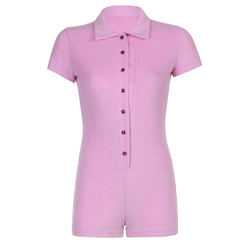 Summer Rompers Womens Bodycon Bodysuits Shorts Female One Piece Outfit Sexy Black Pink Short Sleeves Buttons Jumpsuit Y2K