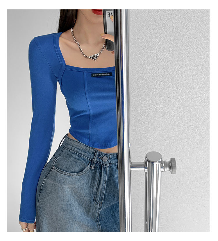 maoxiangshop American Style Brown Cropped Top Women Fashion Skinny Sexy Long Sleeve T Shirts Female Casual Square Neck Tees