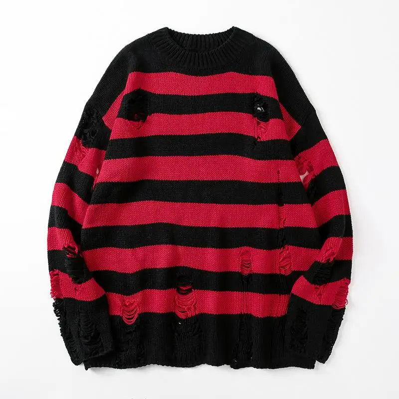 maoxiangshop Black Stripe Sweaters Destroyed Ripped Sweater Men Pullover Hole Knit Jumpers Men Oversized Sweatshirt Harajuku Long Sleeve Tops