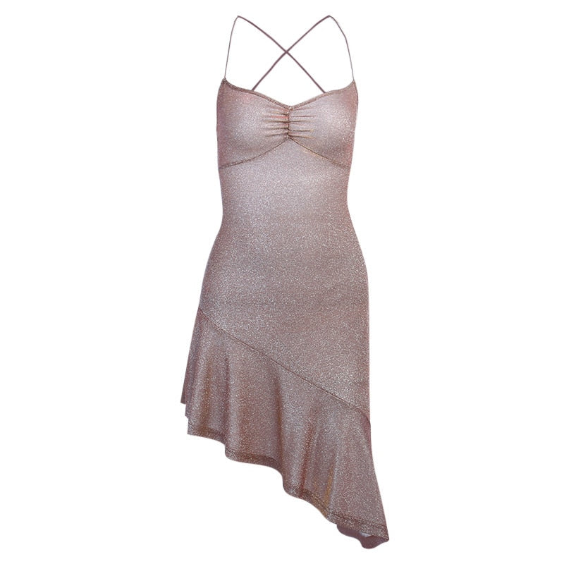 maoxiangshop Sexy Party Dresses Backless Asymmetry Ruffles Hem Spaghetti Strap V-Neck Women Slim Sleeveless Back lace up Mini Dress