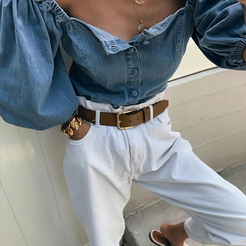 maoxiangshop Off Shoulder Puff Sleeve Women's Shirs Autumn Sexy Single Breasted Female Denim Tops Spring Trend Fashion Ladies Shirts