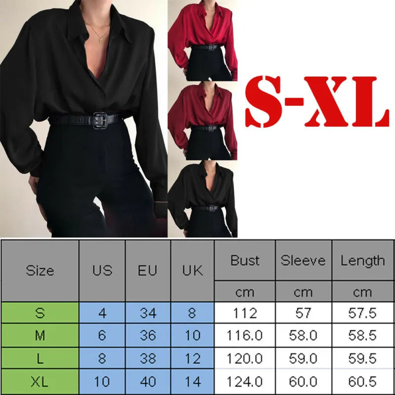 maoxiangshopWomen Button Blouses Turn Down Collar Shirts Office Lady Long Sleeve Casual Blouse Loose OL Shirt Baggy Tops Red/Wine Red /Black