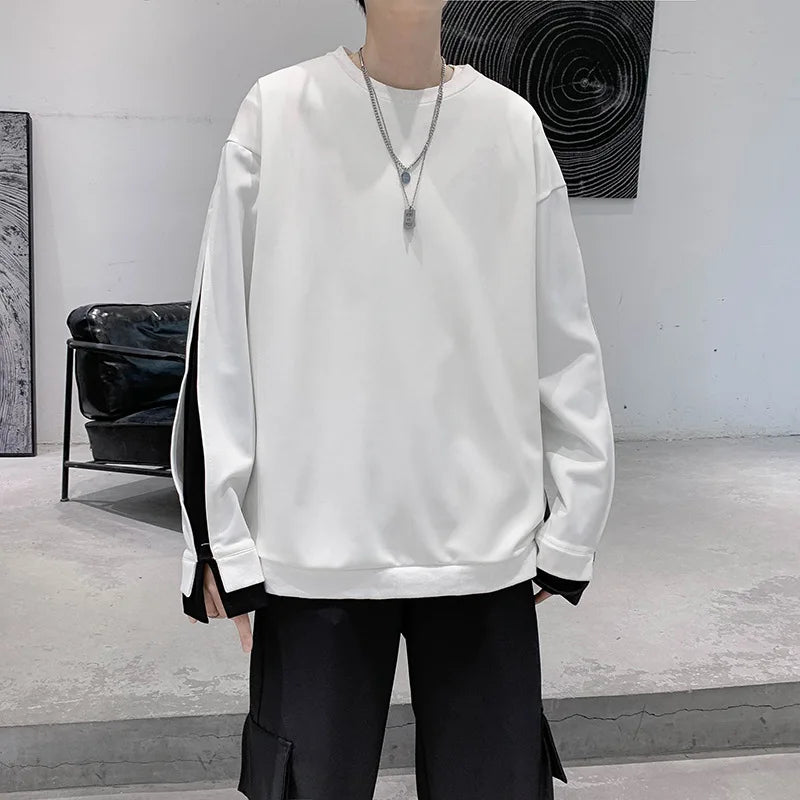 maoxiangshop Autumn Winter Long Sleeve Men T Shirts Clothes Black White Patchwork Fake Two Cool Fashion Tops Oversized Korean Style Side Slit