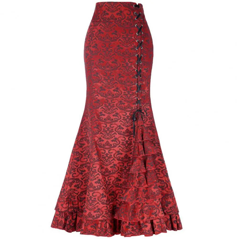 maoxiangshop New Halloween Skirt Jacquard Fishtail Ruffles Skirt Large Hem Women Punk Style Vintage Bodycon Skirts