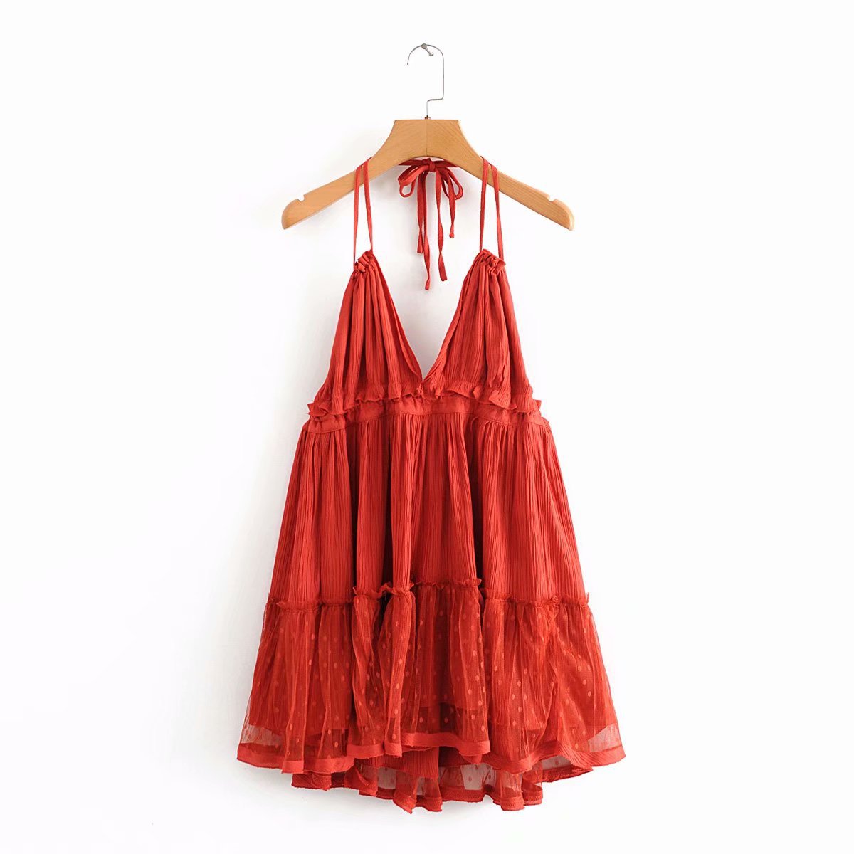 maoxiangshop Summer New Solid Color Lace Stitching V Neck Sexy Backless Mesh Short Dress Camisole Holiday Beach Dress Female