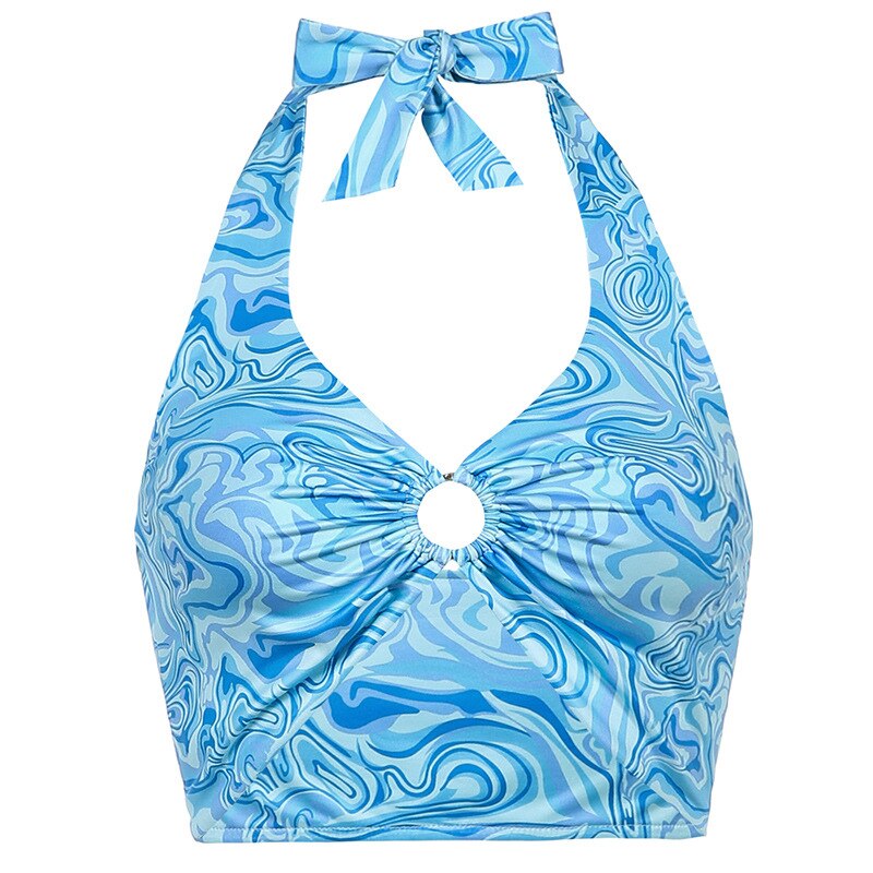 Wave Print Sexy Halter Crop Top Women Y2K Aesthetic Bandage V Neck Hollow Out Backless Tank Top Sleeveless Croptop Streetwear