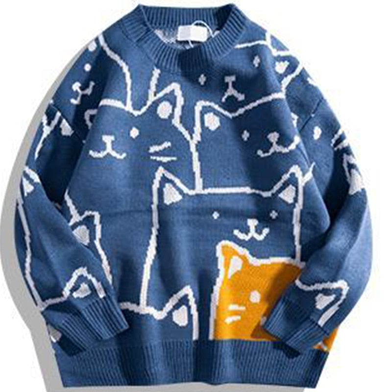 maoxiangshop Japanese Harajuku Vintage Sweater Men Autumn Winter New Cartoon Loose Knitted Sweater Hip Hop Streetwear Knitwear Pullovers