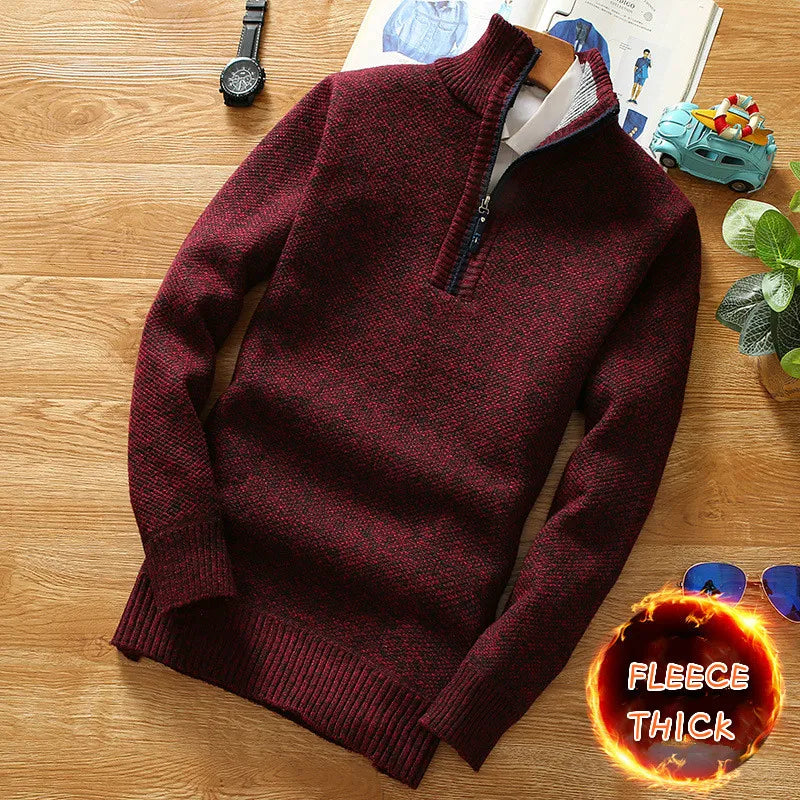 maoxiangshop Winter Men's Fleece Thicker Sweater Half Zipper Turtleneck Warm Pullover Quality Male Slim Knitted Wool Sweaters for Spring