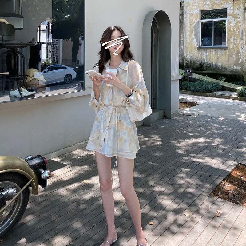 maoxiangshop 2 Pieces Sets Women Outfits Summer Sun-proof Chiffon All-match Tie Dye Loose Casual Shorts Street Ulzzang Fashion College Daily