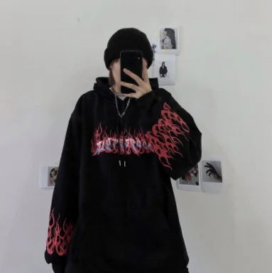 maoxiangshop Harajuku Oversized Women Hoodies Casual Flame Print Sweatshirt Korean Style Autumn Long Sleeve Hooded Female Pullovers Tops