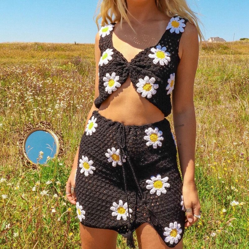 maoxiangshopSummer Knitted Suit Floral Crochet Crop Cami Top and High Waist Split Skirt Beach Vacation Y2K Two Piece Set Women Outfits