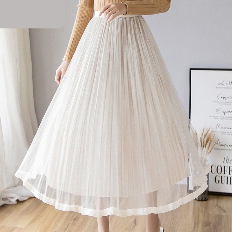 maoxiangshop Mesh Skirt Autumn Winter Velvet Solid Color Elastic Waist Slim Pleated Skirts Womens Chic High Waist Women Skir