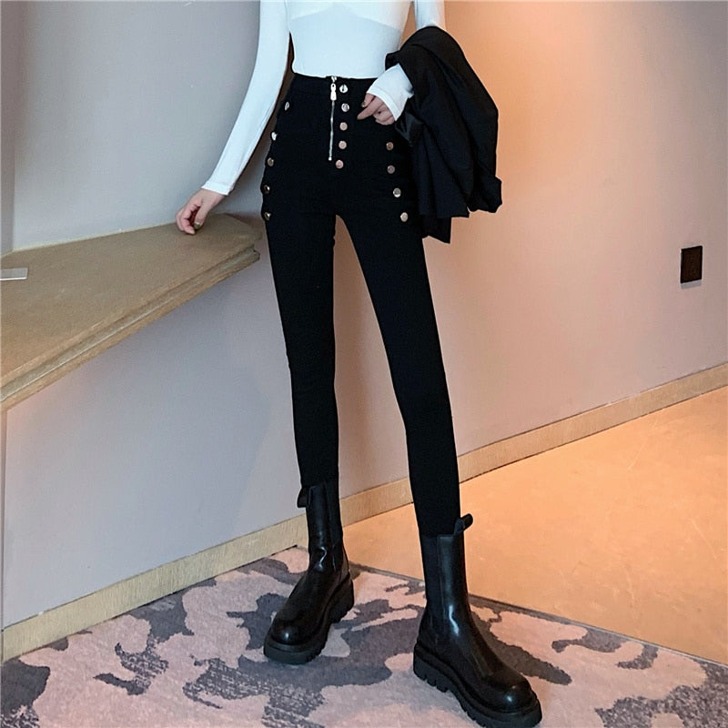 maoxiangshop Spring Autumn New fashion jeans Women Double Breasted Decoration high Waist Black Elastic Slim Casual Pencil Pants