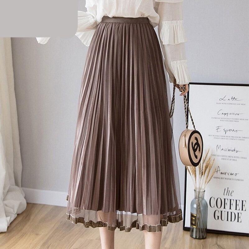 maoxiangshop Mesh Skirt Autumn Winter Velvet Solid Color Elastic Waist Slim Pleated Skirts Womens Chic High Waist Women Skir