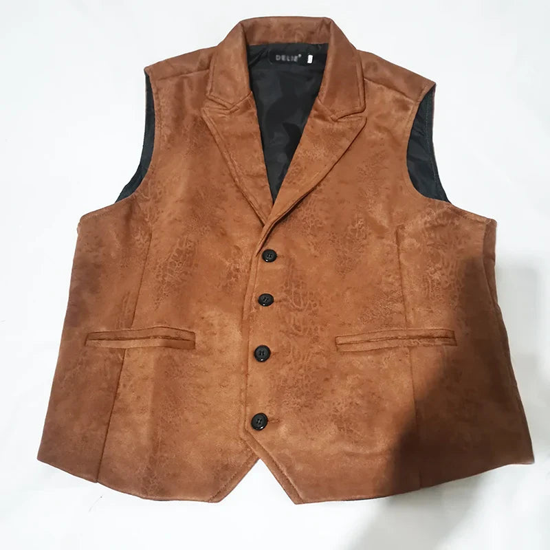 maoxiangshop Vest Men Casual Waistcoat Man Faux leather fashion leather Slim vest lapel classical Vintage gilet European style male