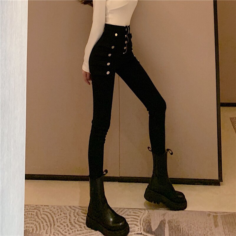 maoxiangshop Spring Autumn New fashion jeans Women Double Breasted Decoration high Waist Black Elastic Slim Casual Pencil Pants