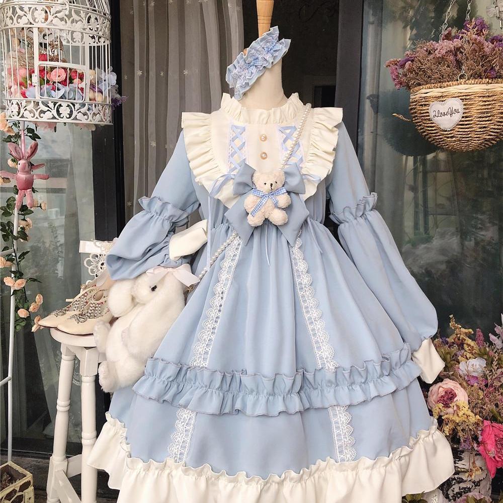 maoxiangshop In Wondeland Cute Women's Lolita OP Dress Flouncing Lace Trim Japanese Harajuku Long Sleeves Doll Dress Fairy Vestidos