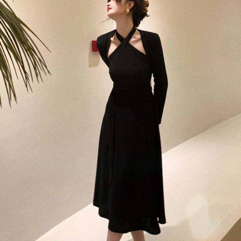 maoxiangshop Autumn Korea Elegant Dress Set Women Slim Retro Casual Party Vintage 2 Piece Suit France One-piece Dress + Long Sleeve Top