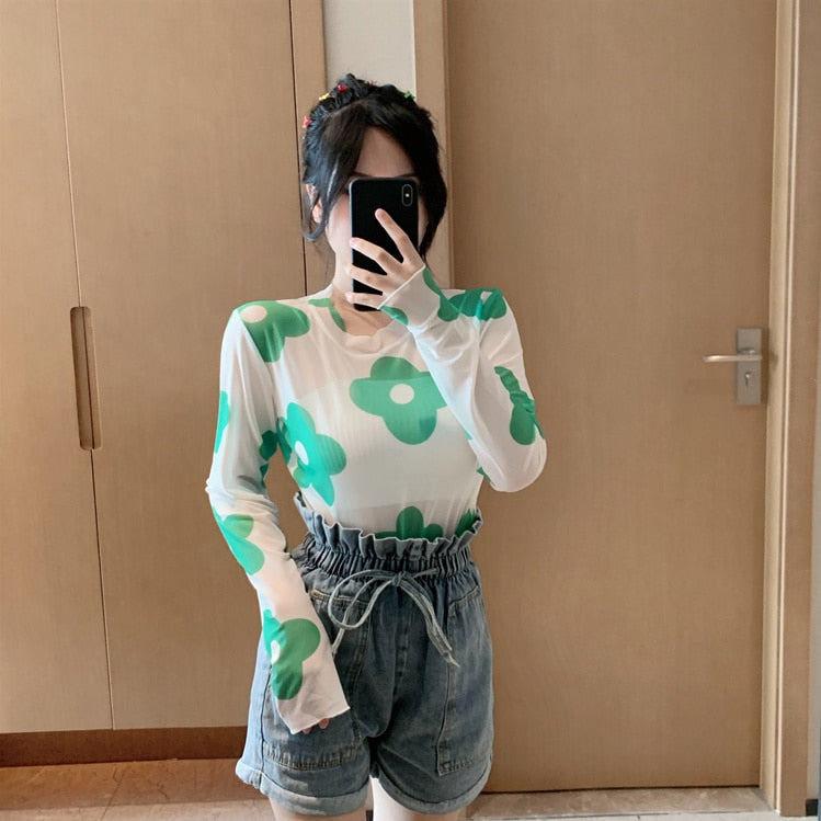 maoxiangshop Angel Print Sheer Blue Black Mesh Long Sleeve Blouse Shirts Women Spring Summer Pullovers Elegant Sexy See Through Tops