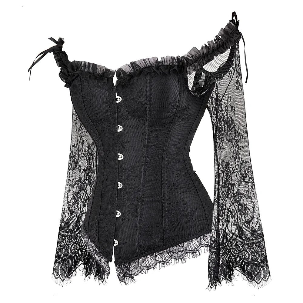 maoxiangshop Corset Top Bustier Lingerie Women with Long Sleeves Renaissance Plus Size Lace Floral Sexy Costumes Burlesque Red Black