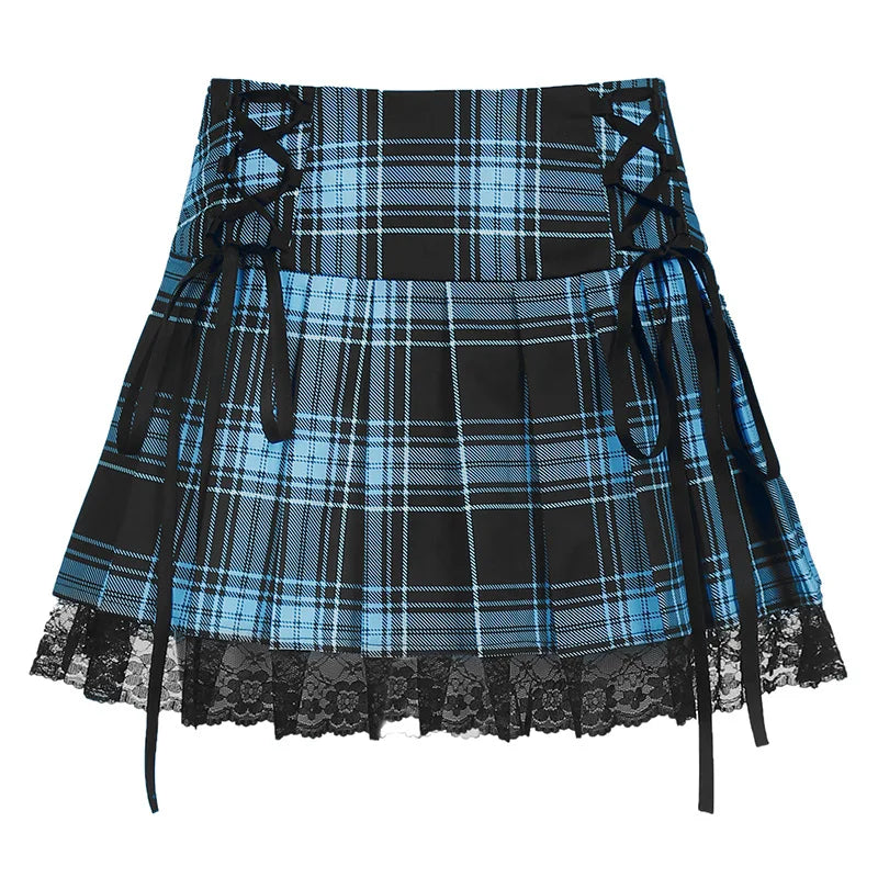 maoxiangshop High Waist Lace Plaid Pleated Gothic Mini Skirt Sexy Mall Goth Skirt Gothic Punk Emo Club Wear Women Harajuku Y2k Dark Skirt