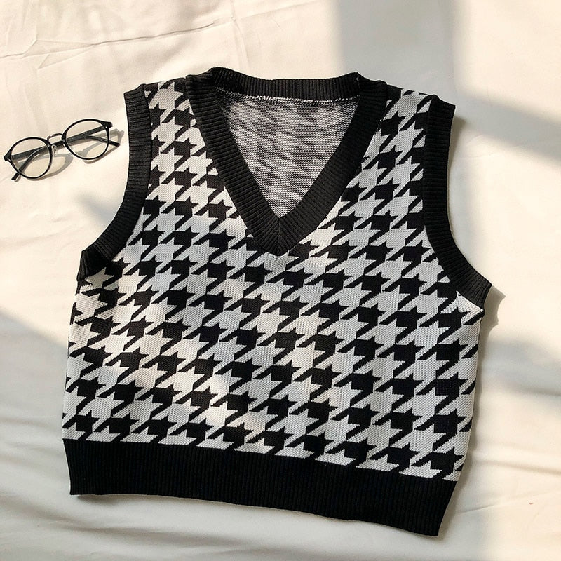 Y2K Houndstooth Vest Pullover Women's Knitted Vest New Autumn and Winter Loose Korean Outdoor Sweater Waistcoat