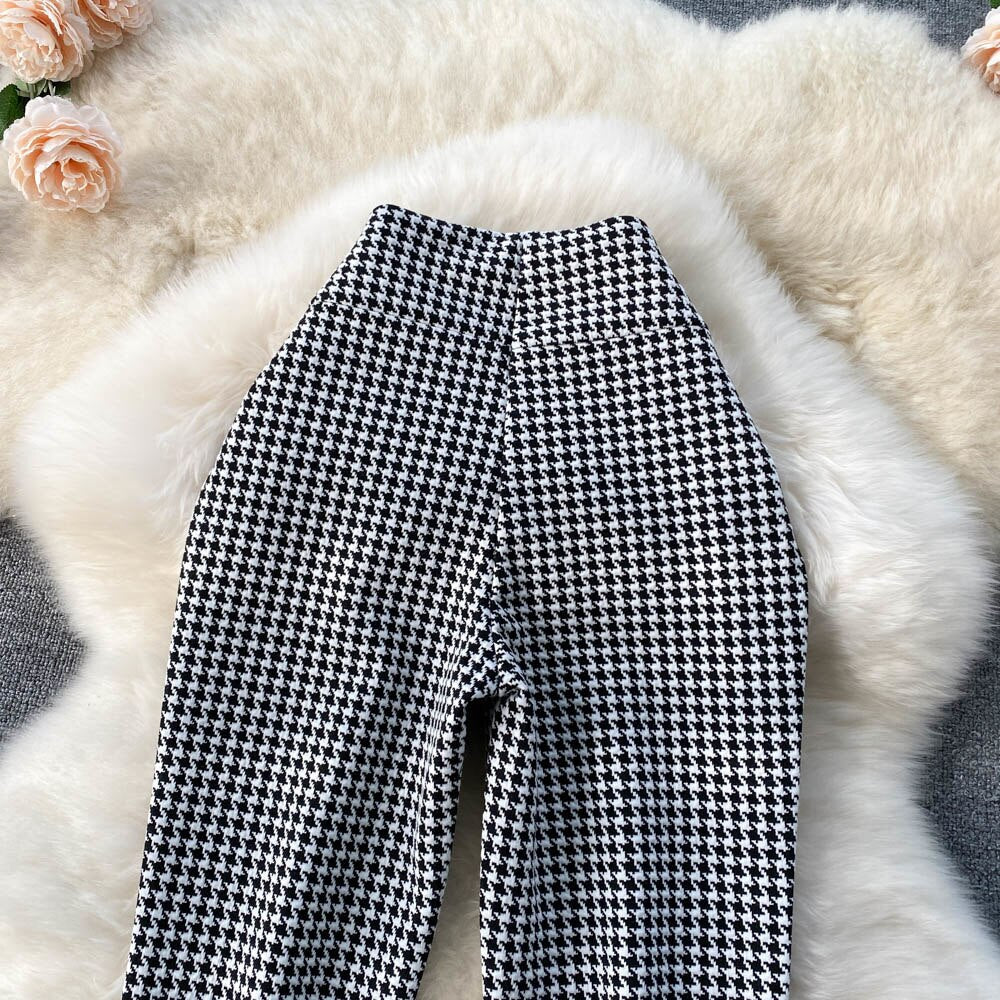 maoxiangshop Houndstooth Print Long Pants High Waist Vintage Long Trousers Women New Spring Autumn Slim Split Hem Casual Female Patns