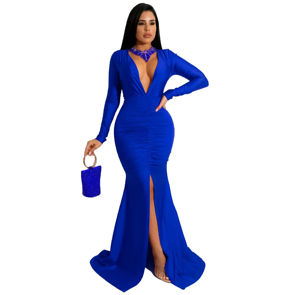 maoxiangshop Dresses for Women Evening Party Dress Long Bodycon Dress Sexy Party Dresses Winter Clothes for Women Long Sleeve V-neck