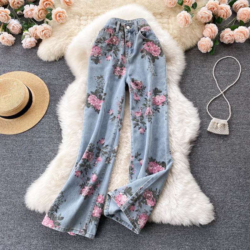 maoxiangshop Flowers Print Jeans Women Vintage High Waist Denim Long Pants Fashion Autumn Casual Wide Leg Full Length Denim Trousers